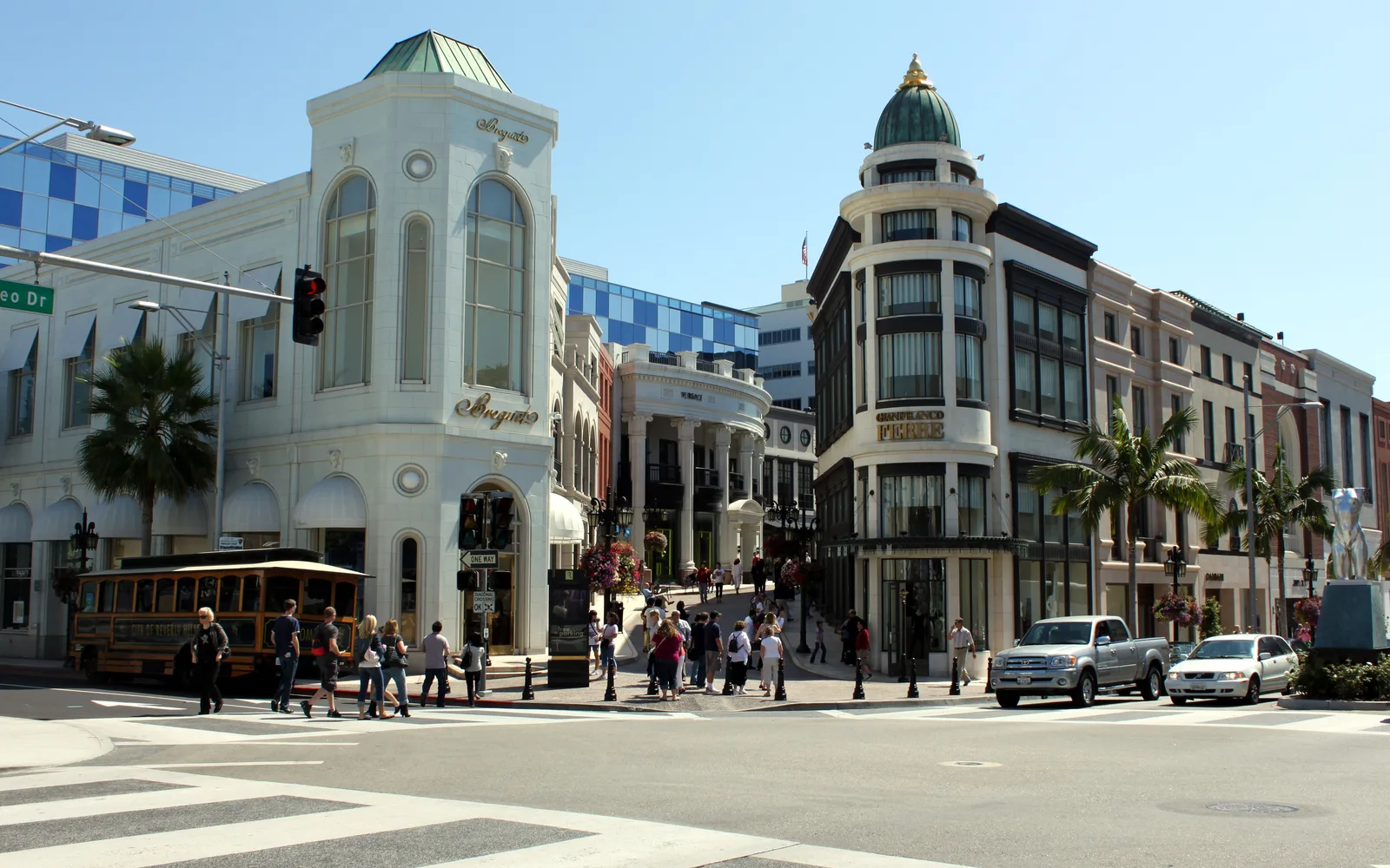Rodeo Drive shopping district in Beverly Hills, lined with luxury storefronts